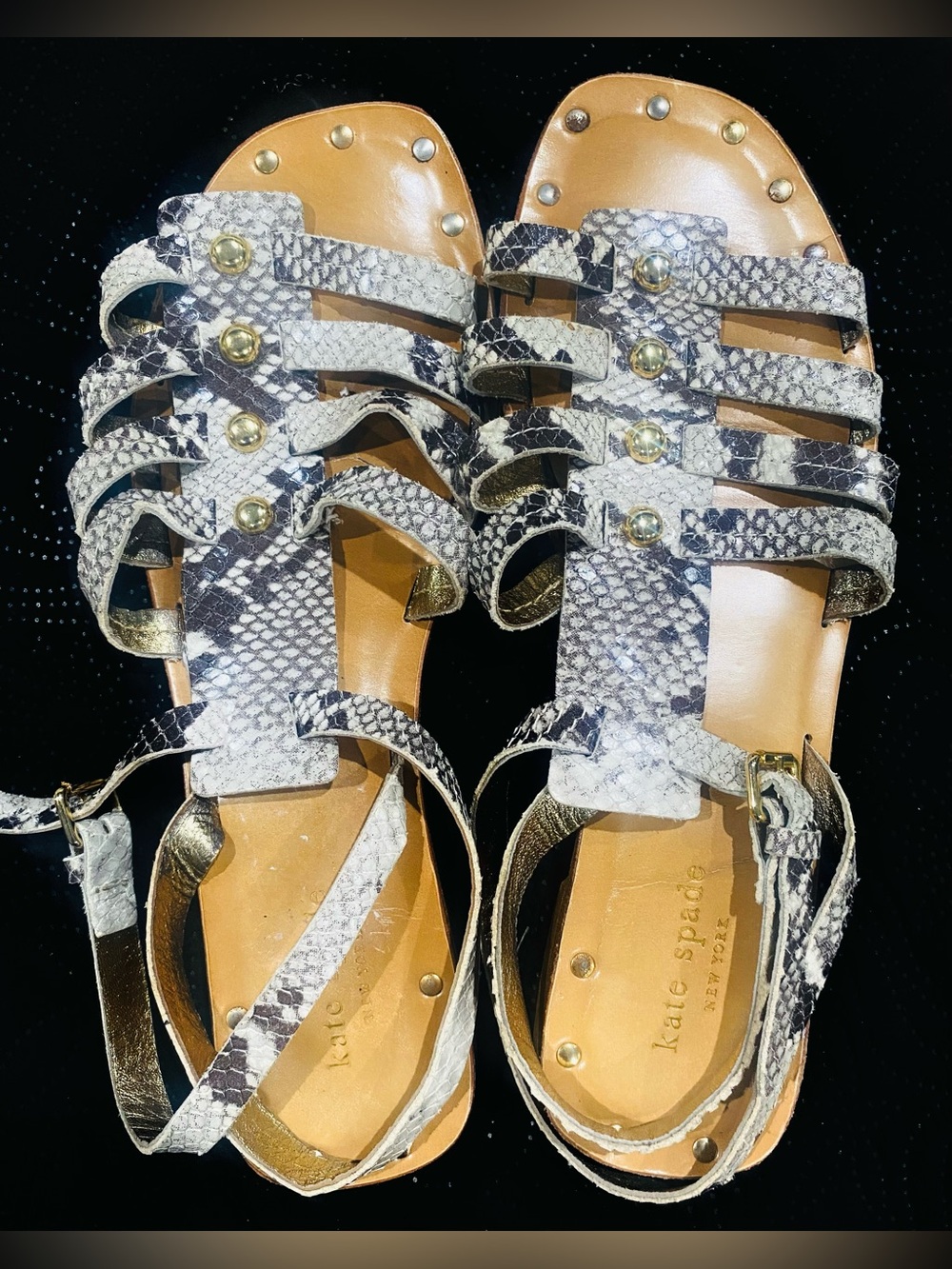 Kate Spade New York Snakeskin Leather Gold tone metallic studs sandals size 10 M